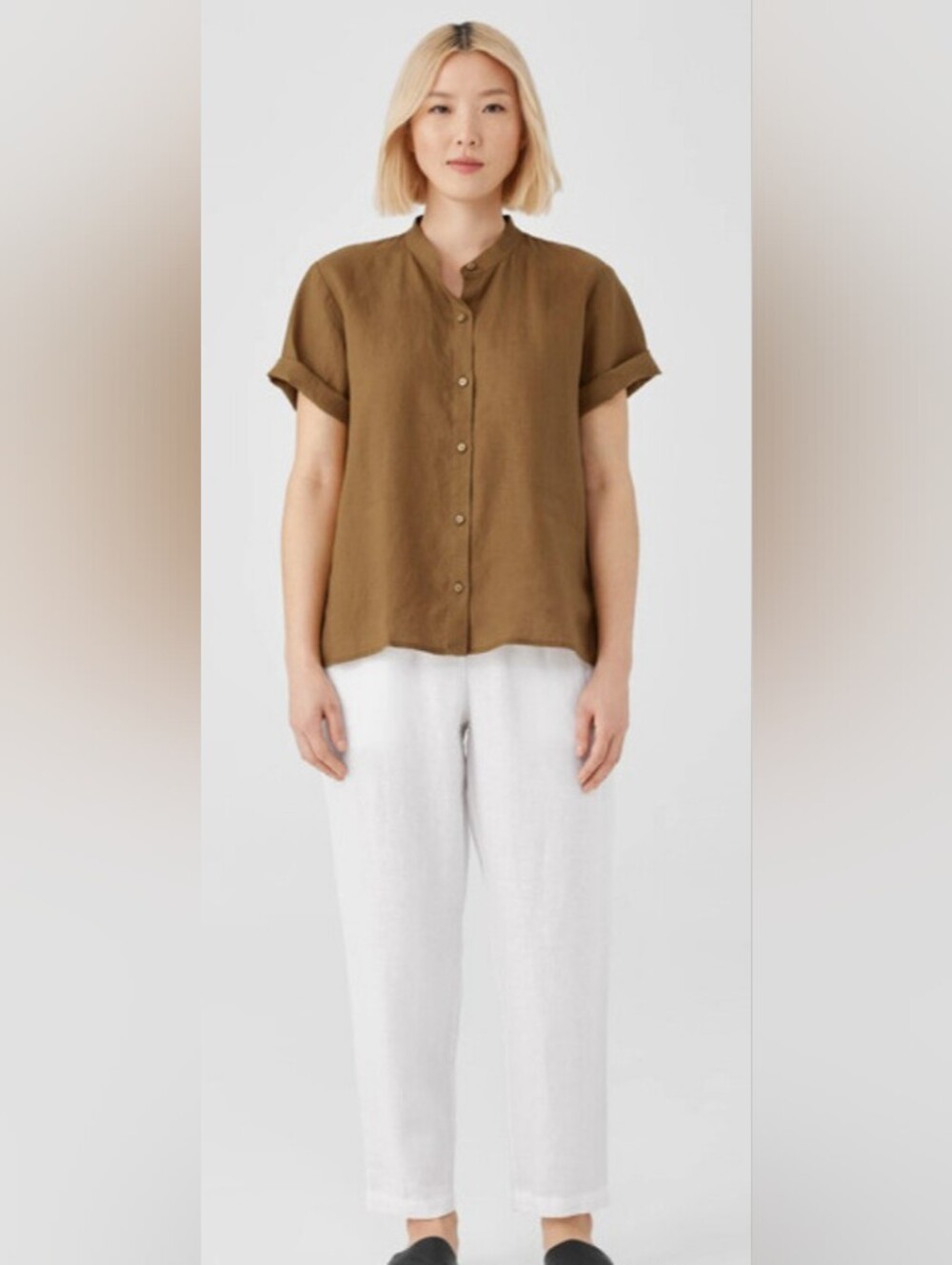 EILEEN FISHER Organic Linen Band Collar Short-sleeve Shirt In Sz2X
